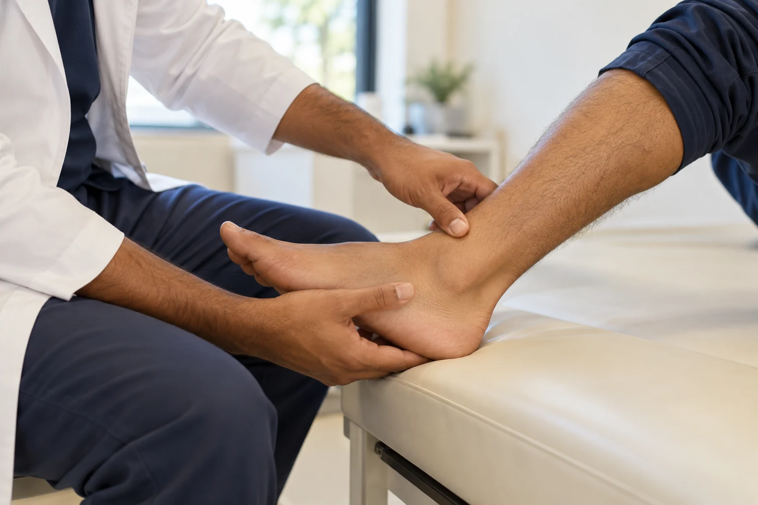 Illustrative assessment of an ankle in an orthopedic clinic.