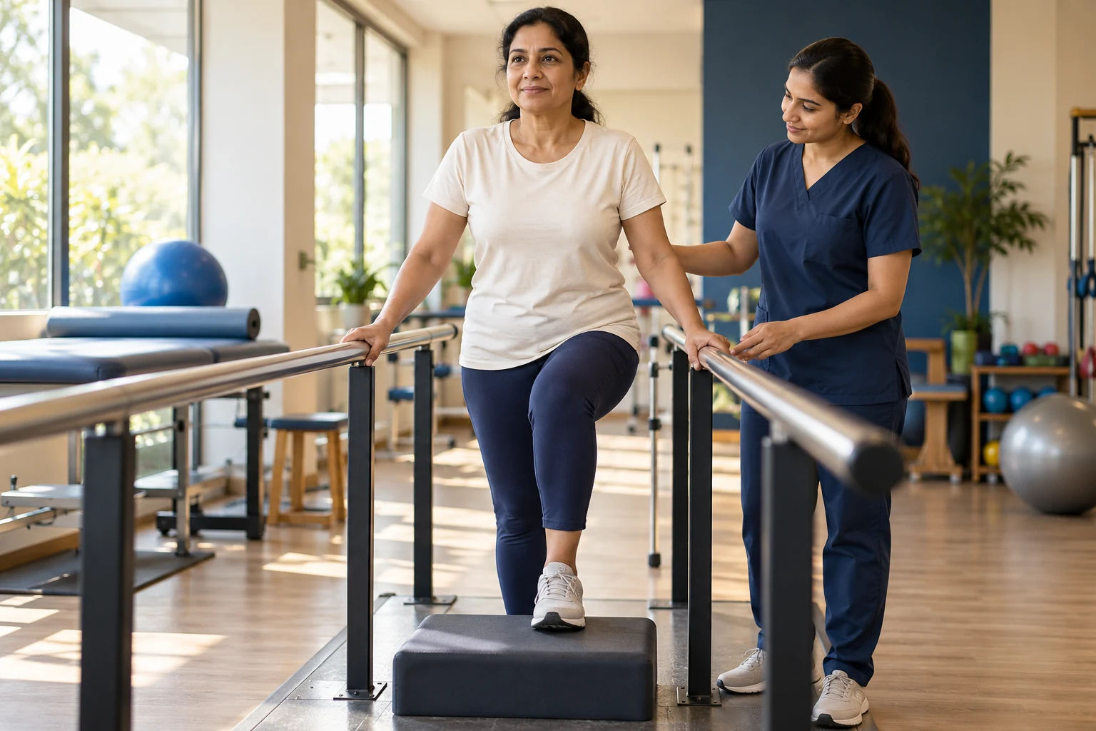Illustrative supported balance practice in a physiotherapy room.