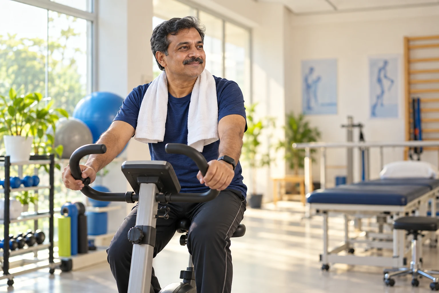 Illustrative stationary cycling in a rehabilitation room.