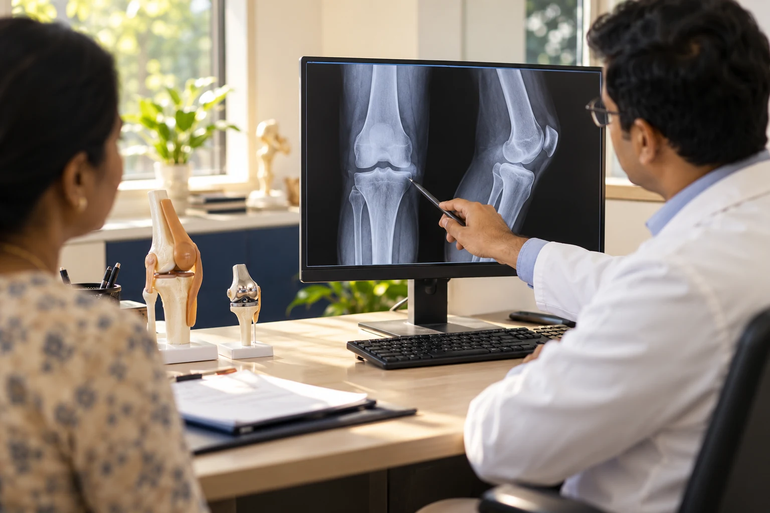 Illustrative review of knee imaging in a consultation room.