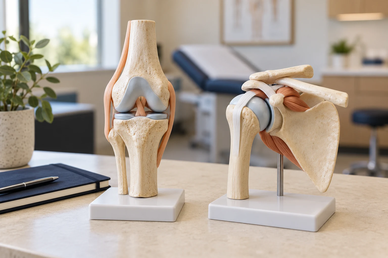 Educational knee and shoulder models in a consultation room.