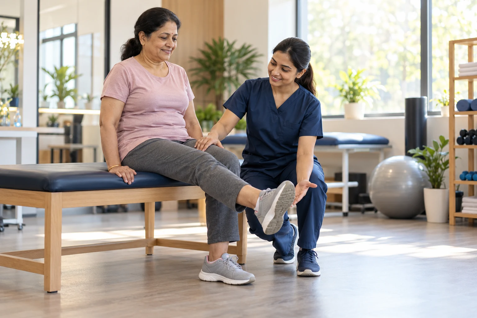 Illustrative supervised knee rehabilitation in a physiotherapy clinic.