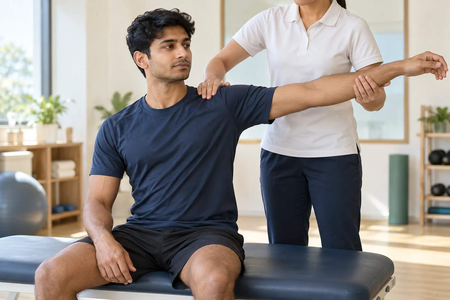 Illustrative assessment of shoulder movement in a clinic.