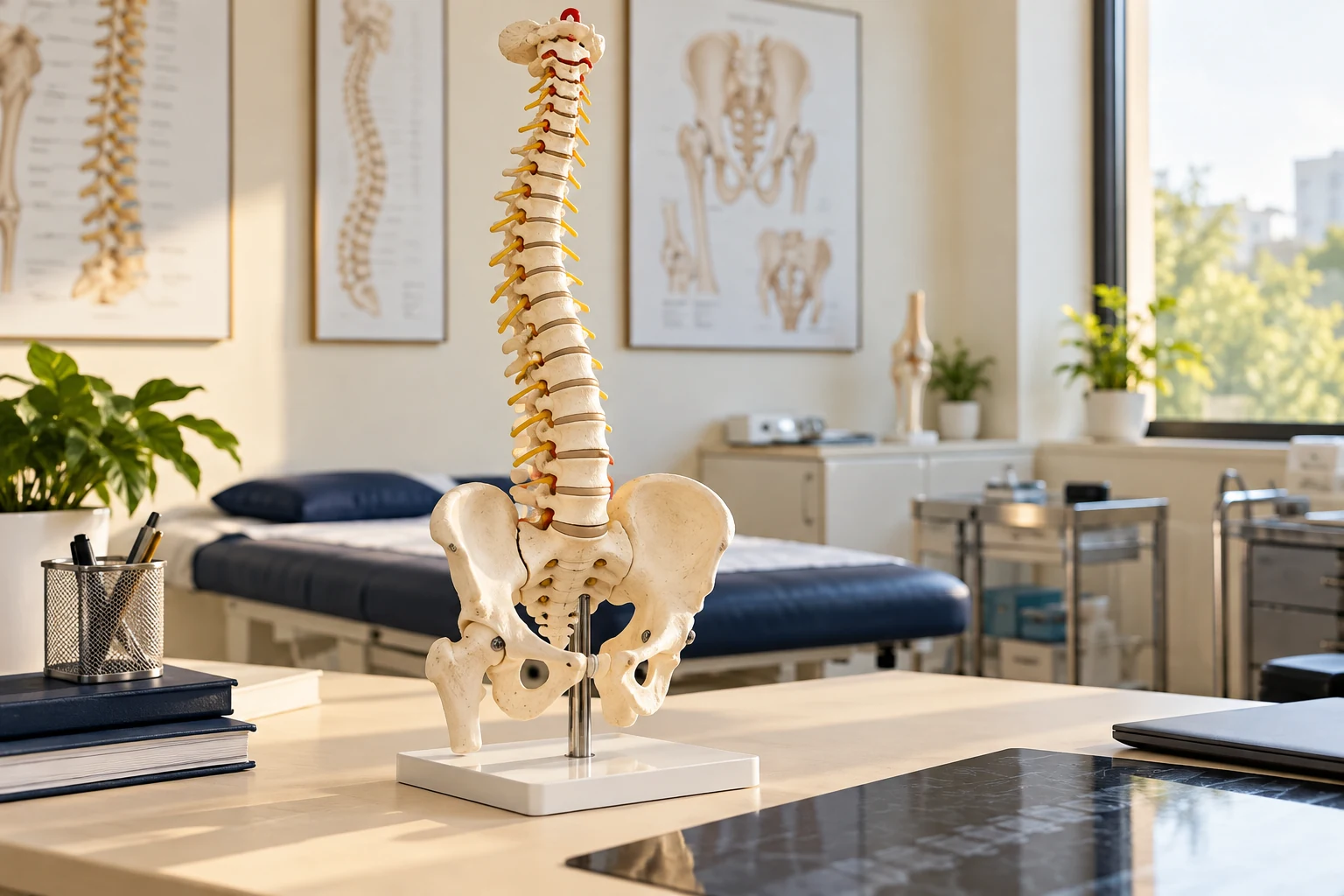 Educational spine and pelvis model in a clinic.