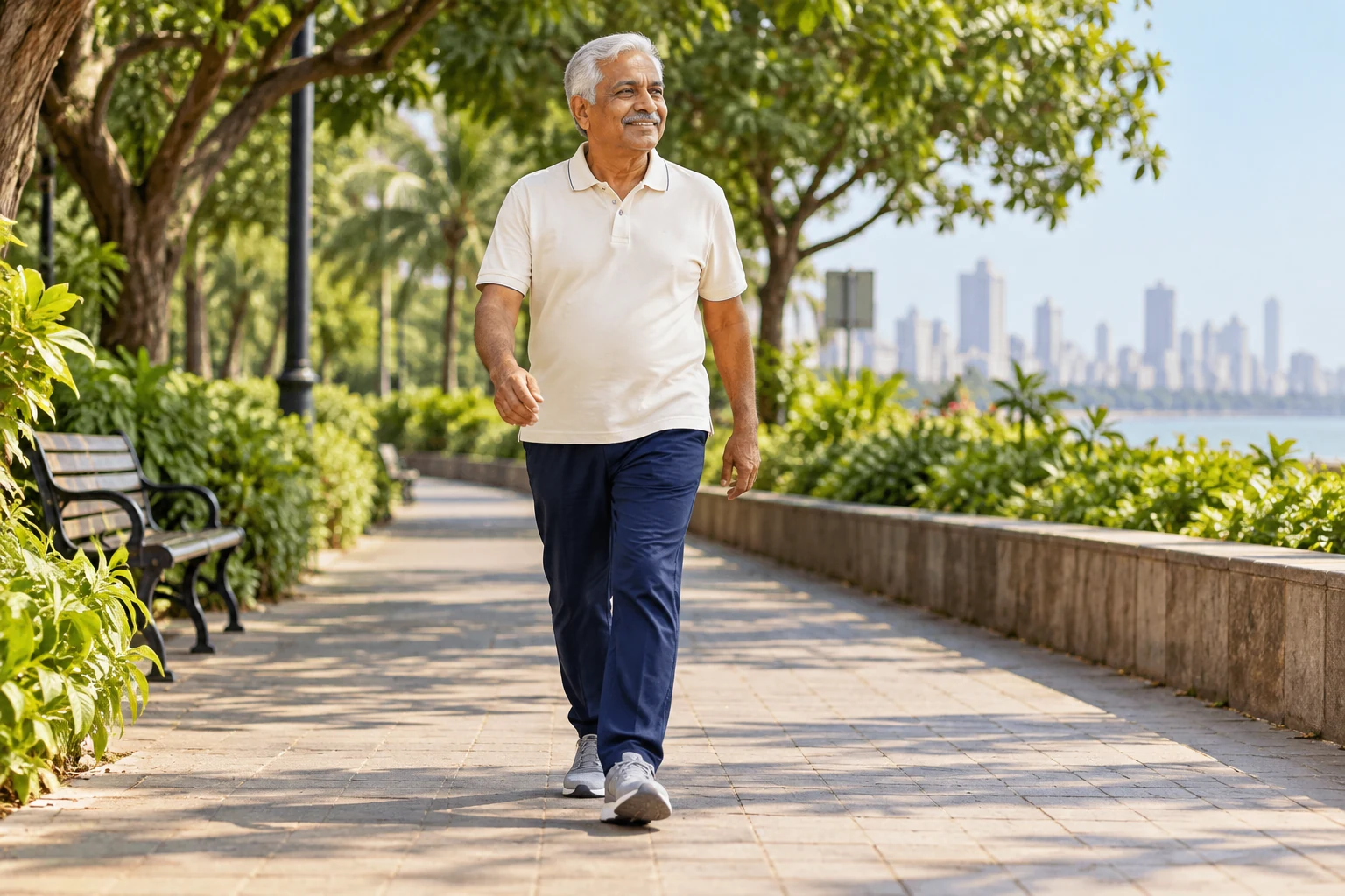 Illustrative scene of an older adult walking in a garden.