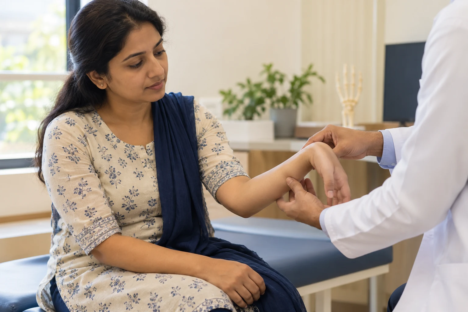 Illustrative consultation reviewing wrist movement.